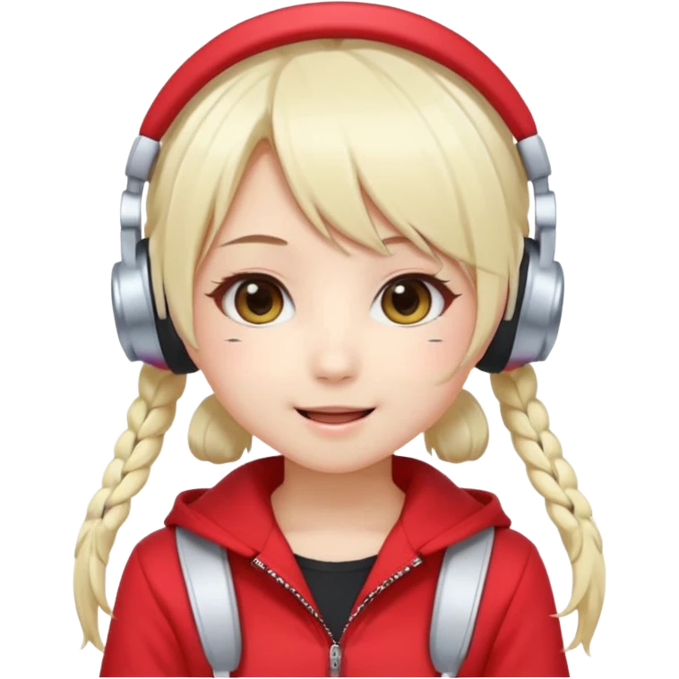 Cute kawaii emoji-style Japanese K-pop singer girl, long platinum blonde hair in twin tails, red outfit, headset mic on cheek, Japanese K-pop idol vibes, big sparkling eyes, chibi proportions, clean lineart, pastel colors, cheerful idol smile, sticker/emoji style, transparent background emoji