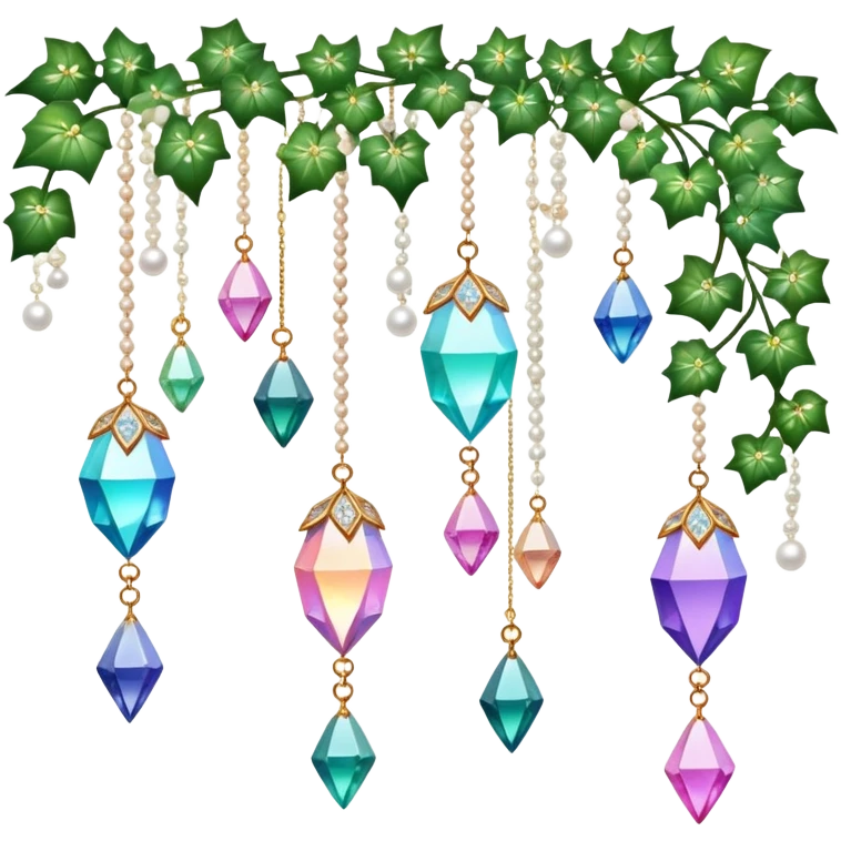 Exotic romantic Few cute tiny Iridescent glistening glossy sparkly shiny glittery hanging crystals pearls and beads and gemstones scenery scenic decorations with ivy and flowers emoji