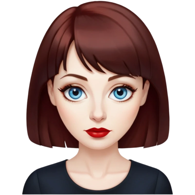 Artistic woman in her 40s with pale skin, oval face, large blue eyes with eyeliner, thin eyebrows, small nose, red lipstick, dark auburn hair with bangs, wearing a black top, mature creative expression emoji