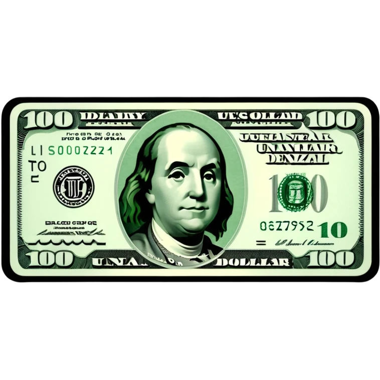 3D realistic US 100 dollar bill sticker, slight perspective, centered, clean cutout, transparent background, no text, no watermark emoji