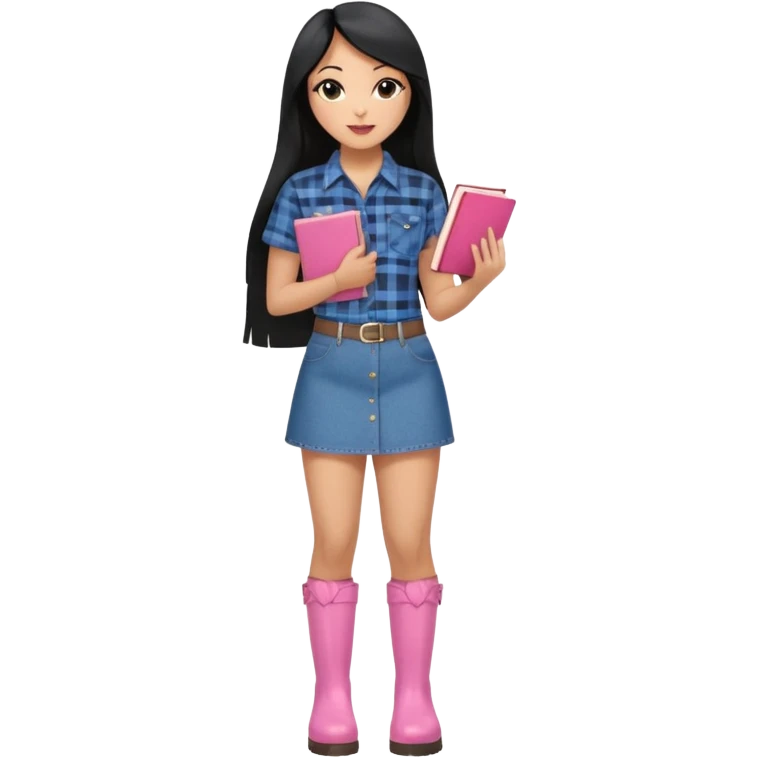 A plus-size light-skinned Black woman is wearing makeup. She has long, straight, waist-length black hair and is wearing a short-sleeved flannel shirt with a pink butterfly print, a denim miniskirt, and pink boots. She is standing and holding a book with her forearm raised. emoji