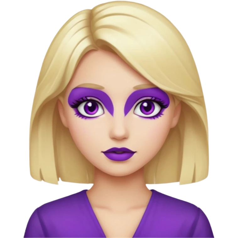 A blonde girl wearing a purple makeup emoji