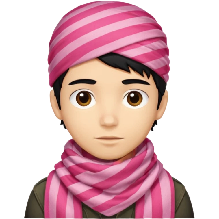 Emoji de un chico con turbante árabe que el chico sea de color piel clara y que tenga cabello negro y de fondo blanco y que tenga un pañuelo árabe de color rojo y con rayas rosas emoji