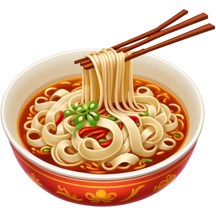 Xi'an Biangbiang noodles with extra wide belt shape and chili oil, simplified emoji style with bold outlines and bright colors, cartoon style Shaanxi specialty emoji