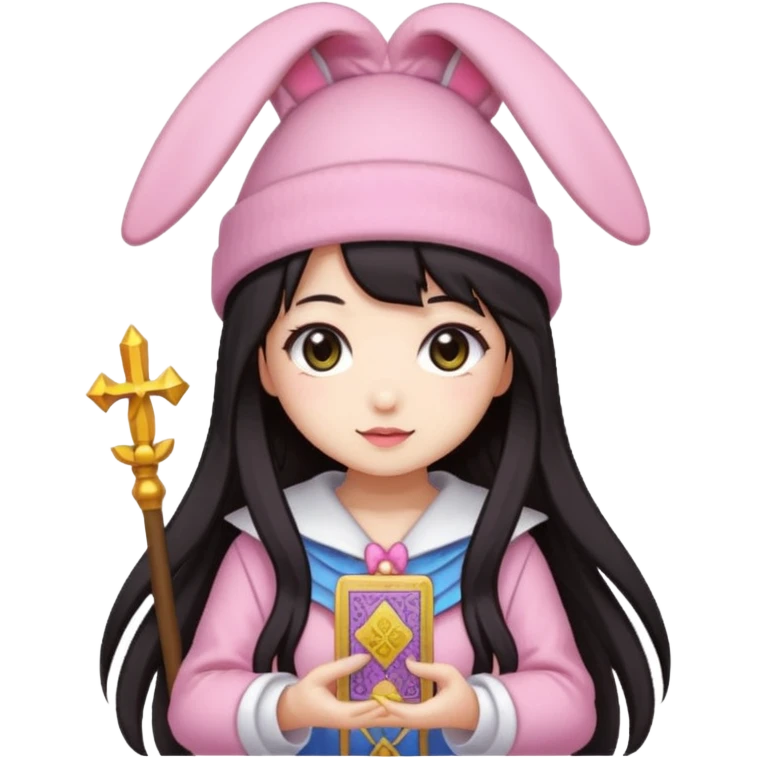 pixel art chibi asian girl with dark long hair in pink bunny hat magical girl with kawaii tarot cards thrown in air pixel emoji emoji