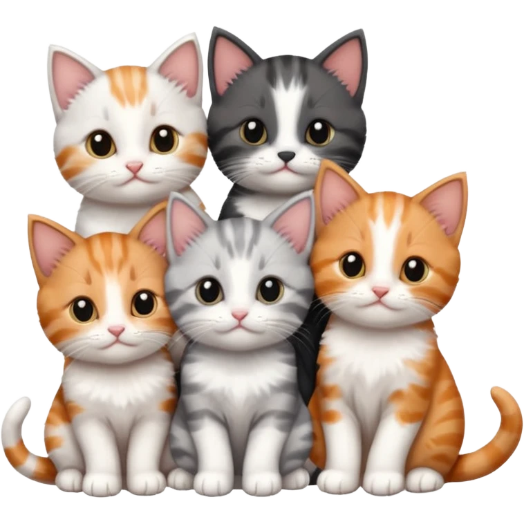 6 tiny kittens cuddling together all different colours, the first one is grey and white, the second is ginger and white and the third is brown tabby and white emoji