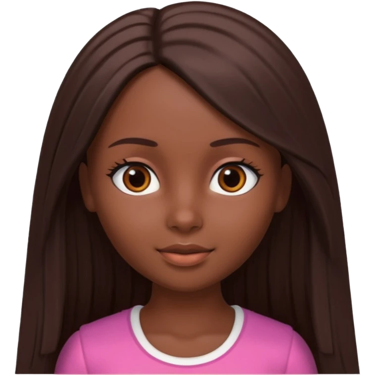 Boneca digital em estilo 3D realista e fofo, semelhante a uma boneca colecionável. Mulher jovem com pele negra, olhos castanhos escuros, cabelo liso cor chocolate, longo e bem alinhado.  emoji