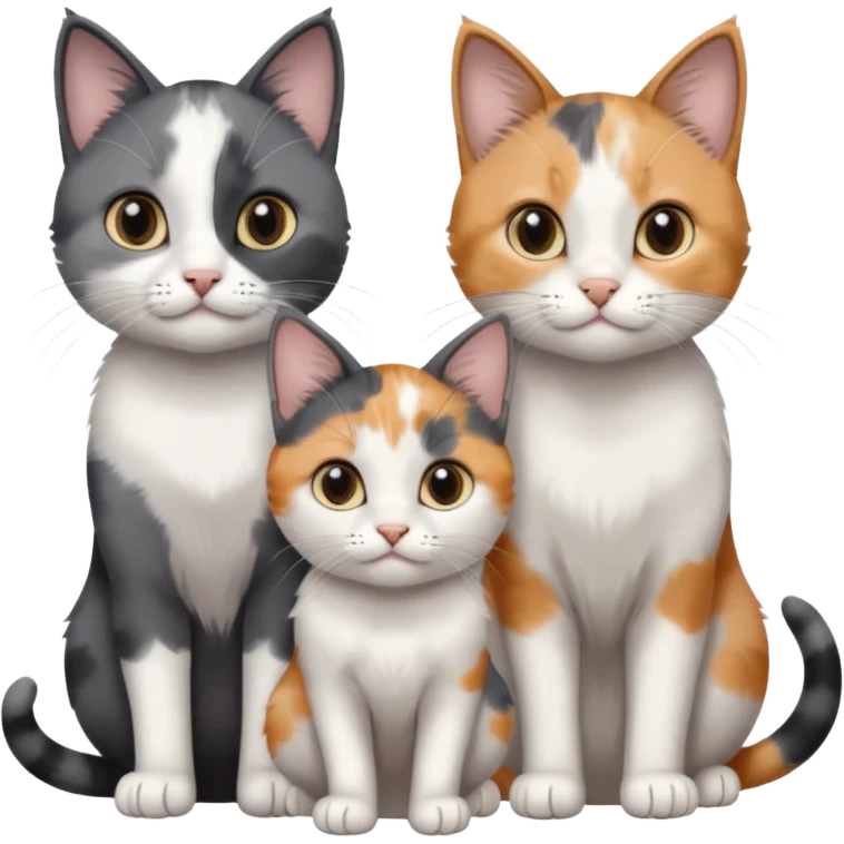 3 different coloured small cats including a dark grey and white, and a patchy calico and a completely solid dark grey with only white paws emoji