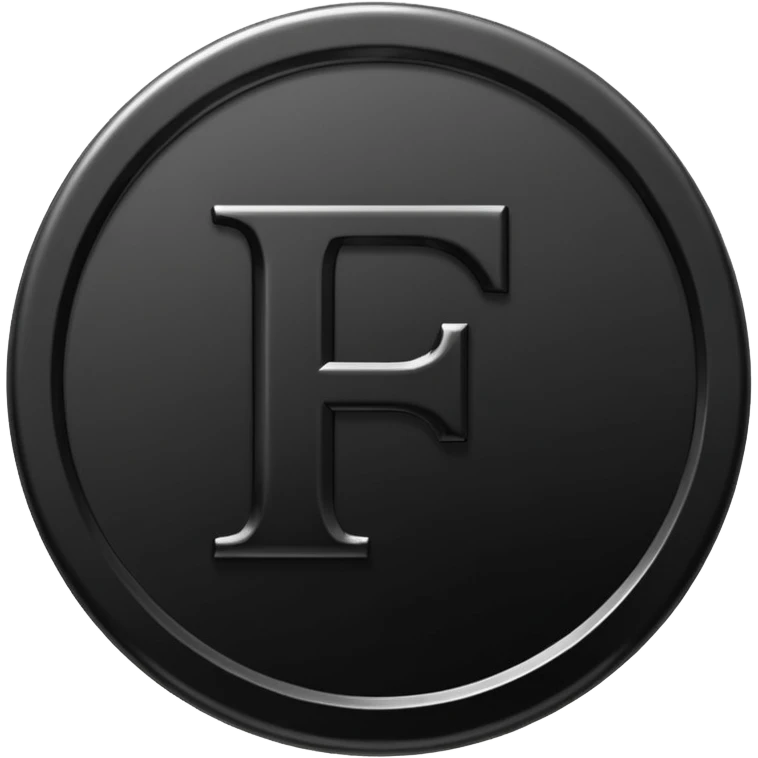 Emoji icon of a black coin with engraved letter F, minimalist style, isolated, only black color emoji