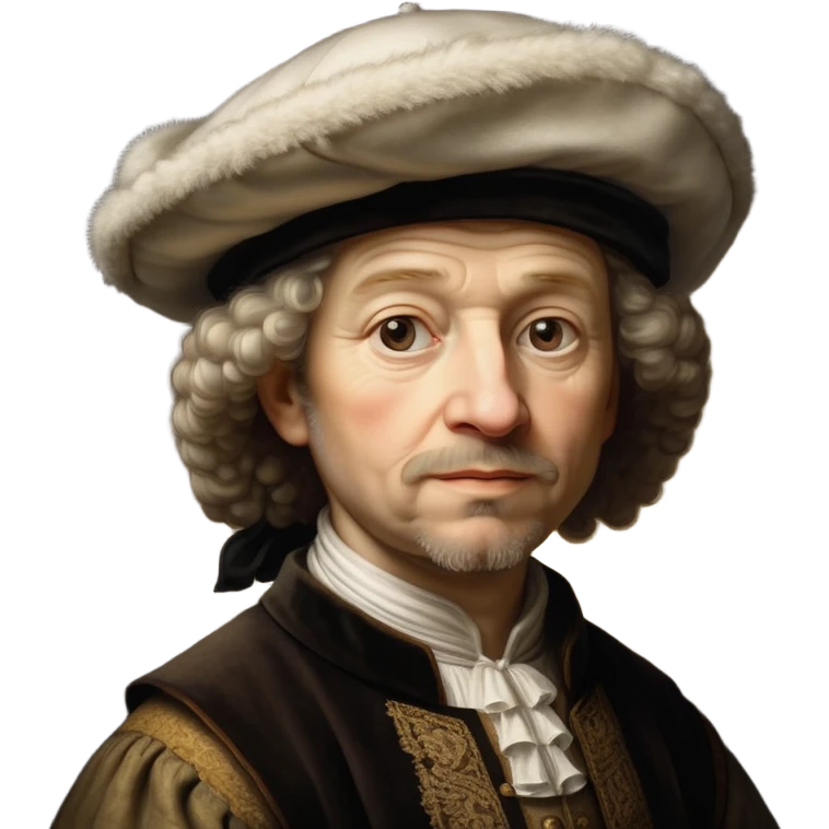 emoji of rembrandt,-shown-as-a-master-artist-with-deep,-introspective-eyes-and-richly-detailed-period-clothing,-rendered-with-dramatic-chiaroscuro-lighting-that-emphasizes-his-legacy white puffy hat emoji