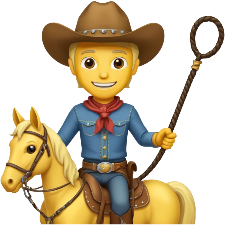 Cowboy riding a horse with whip. With yellow skin and smilling. Simplize it and I need a full pic with horse. Like I need the leg part too emoji