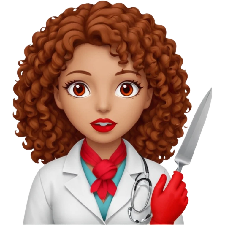 Lilith scalpel in hand, evil surgeon sexy surgeon clothes.  She has red eyes.  Hair is long. Hair is brown and curly hair. Wears sexy doctor outfit with red gloves. Sexy surgeon working for Cartel uses scarf to Covers mouth and neck mask  red emoji