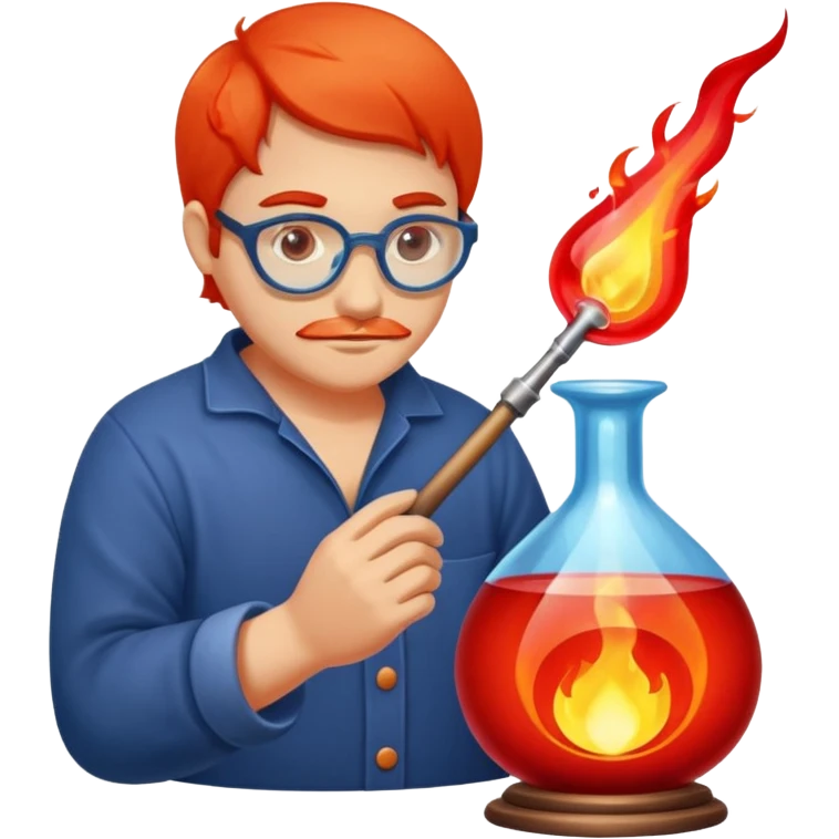 Glassblowing and casting icon, artisan shaping molten glass with a blowpipe, glass being poured into a mold, glowing red-hot glass, delicate patterns, minimalistic style, clean lines, transparent background. emoji