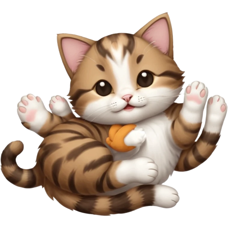 dark brown tabby and white kitten with his eyes closed whilst in funny positions stretched out and  upside down emoji