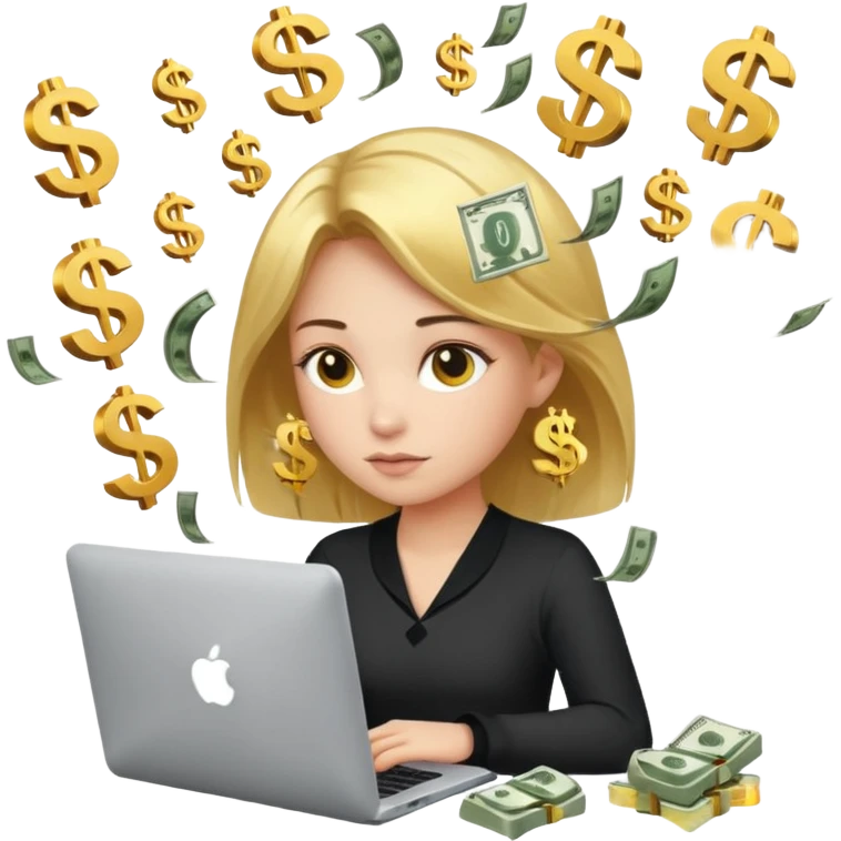 Girl who is trading options on her computer with $ signs in air emoji