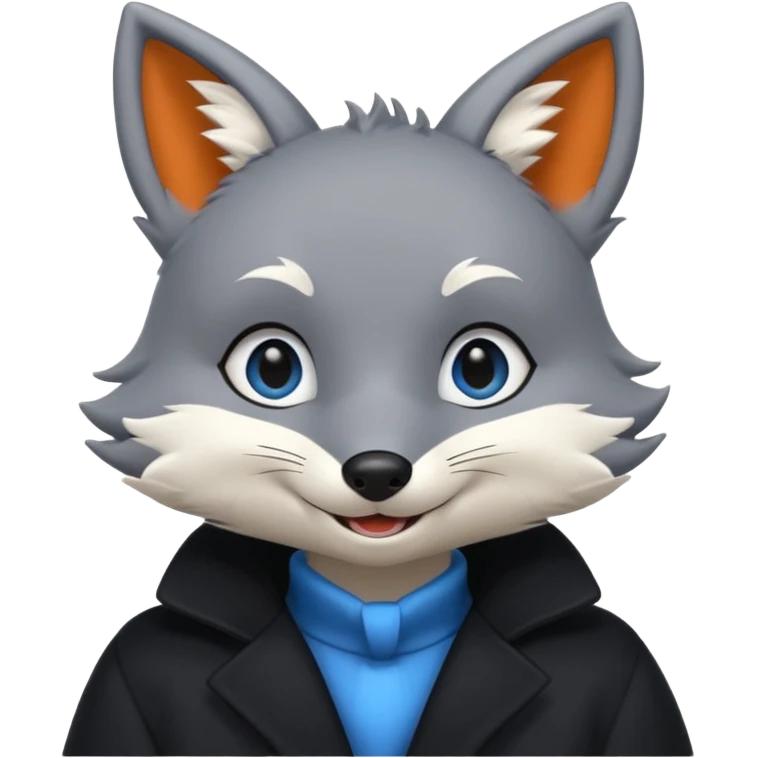 Grey anthropomorphic furry fox with a black coat, blue eyes, and a small fringe of black hair in head, smiling emoji