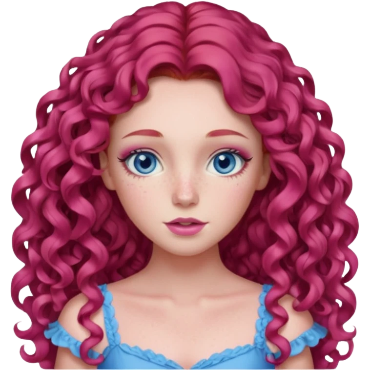 Chappell Roan long red curly hair, blue eyes, pink eyeshadow and lip, pink dress emoji