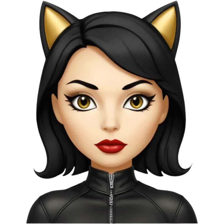 Cat woman goldish skin dark black eyes with black eyeliner dark hair big lips  emoji