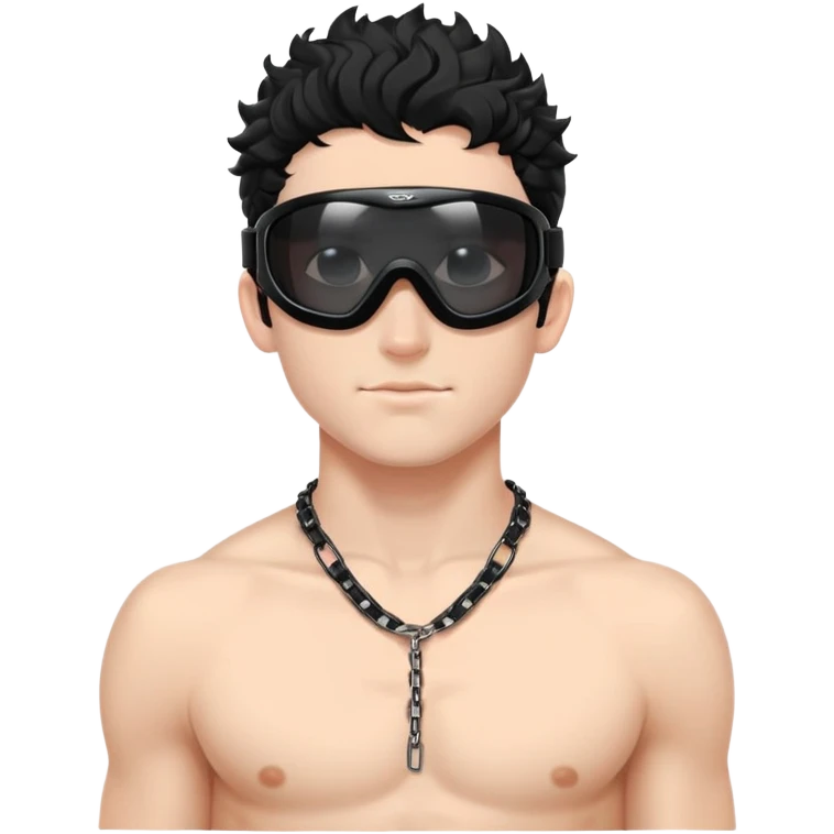 shirtless male athlete with white skin and moderately curly black hair on top with shaved sides, wearing black ski goggles with very dark heavily tinted black lenses that completely hide the eyes, and a simple plain black chain necklace, no earrings emoji