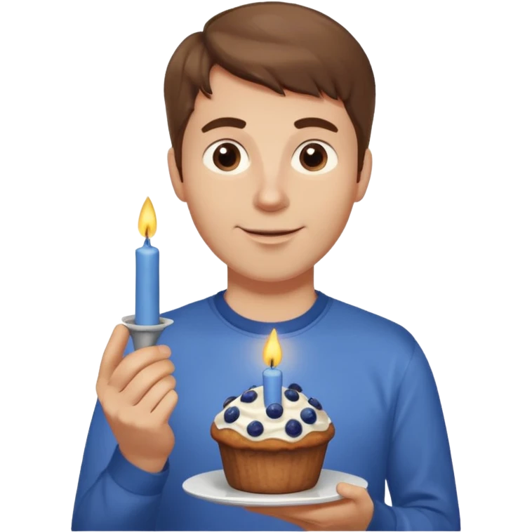 Make a white man with brown hair wearing a shirt that says happy b day Virginia holding a blueberry muffin with a birthday candle in it emoji