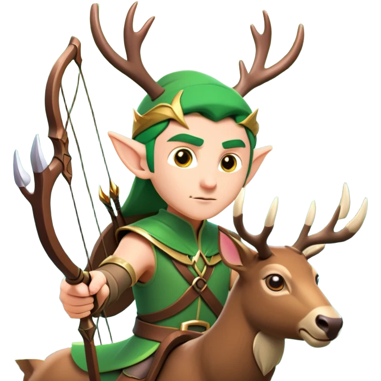 clash-of-clans-aesthetic-focused-elf-archer-portrait-emoji, rendered in a flat, vector-style with minimal shading and bold, simplified shapes, head tilted slightly forward with a determined, focused expression, riding a majestic stag whose luminous antlers glow with mystical energy, set against an ancient, enchanted forest backdrop. emoji