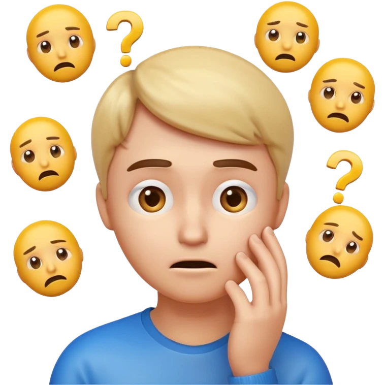 3D glossy emoji of a confused person feeling lost, hand on chin, raised eyebrow, looking up, small question marks around head, faint maze background, soft gradient, centered, transparent background.\ emoji
