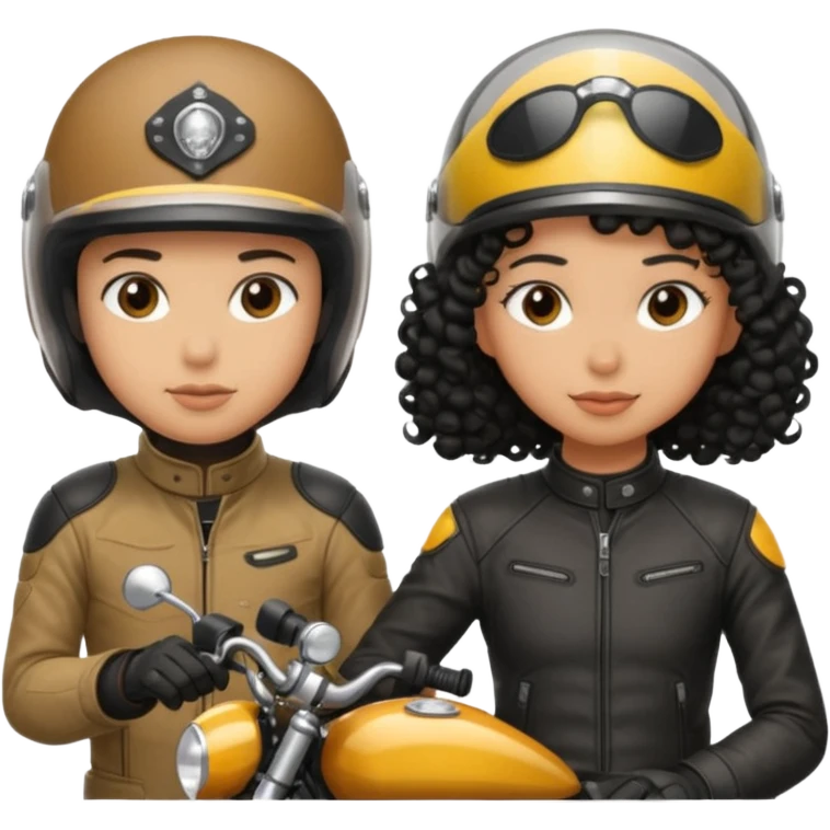 A man motorcyclist and a shorter girl with curly black hair, facing each other. emoji