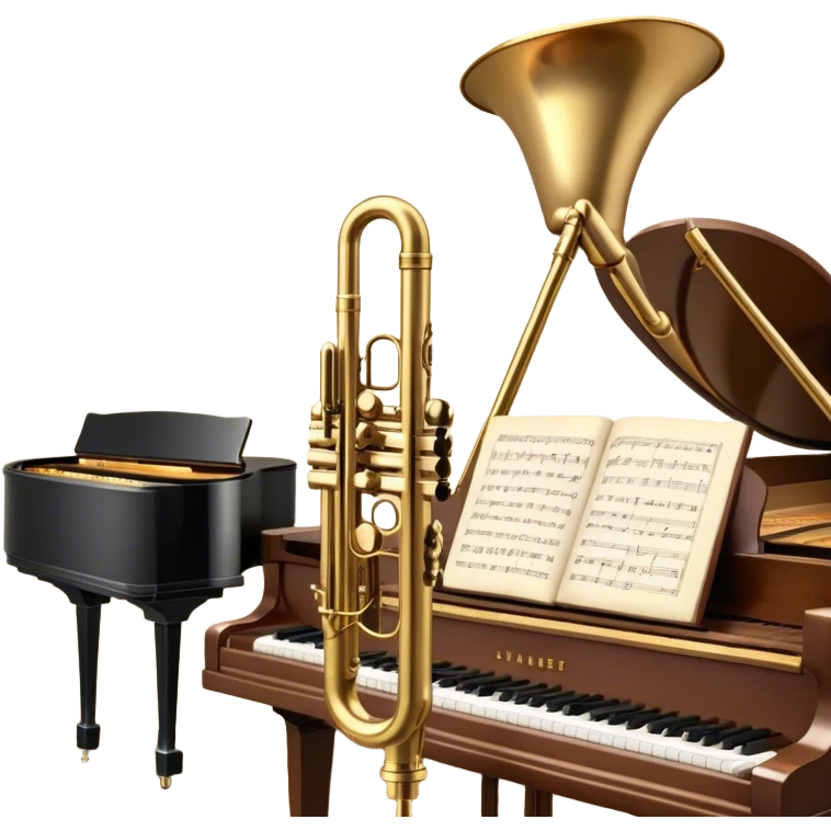 Create an elegant and vintage-inspired emoji representing jazz vocal performance. In the foreground, feature a classic, antique jazz microphone on a stand. Behind it, place a grand piano, with the lid slightly open, and have a Selmer Model 19 Balanced Action trumpet resting on top of the piano. The trumpet should have visible details like its shiny brass finish and the unique design of the valves. Add musical notes flowing around the scene to capture the improvisational essence of jazz. Use rich, deep colors like black, gold, and dark wood tones to evoke the timeless, sophisticated atmosphere of jazz. The background should be transparent. emoji