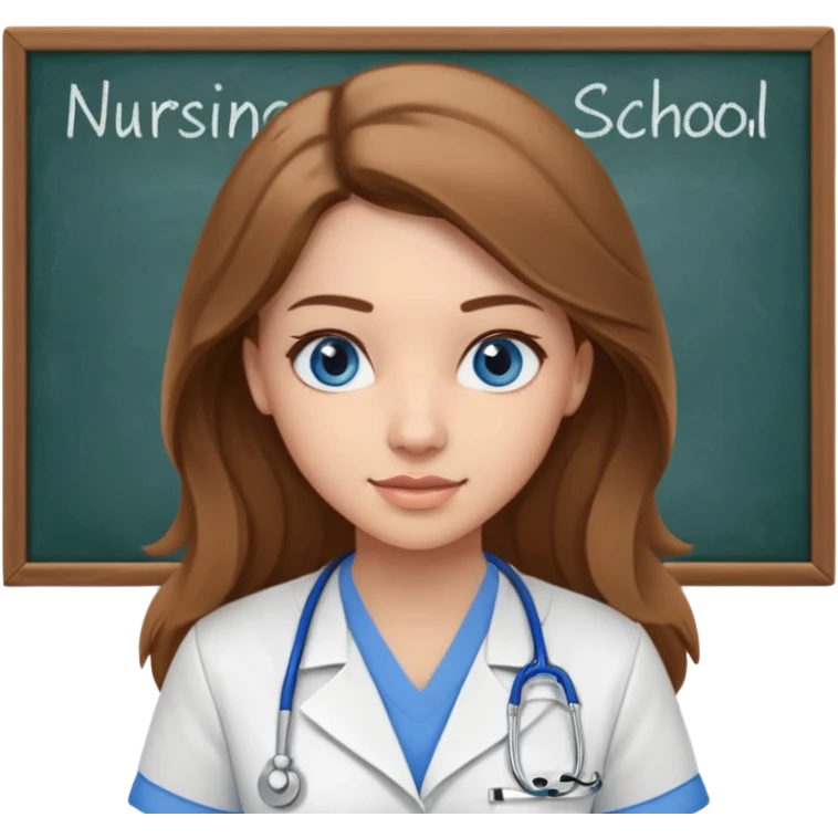 inside a classroom at university that says nursing school on the board with a pretty female nursing student with long brown hair, blue eyes emoji