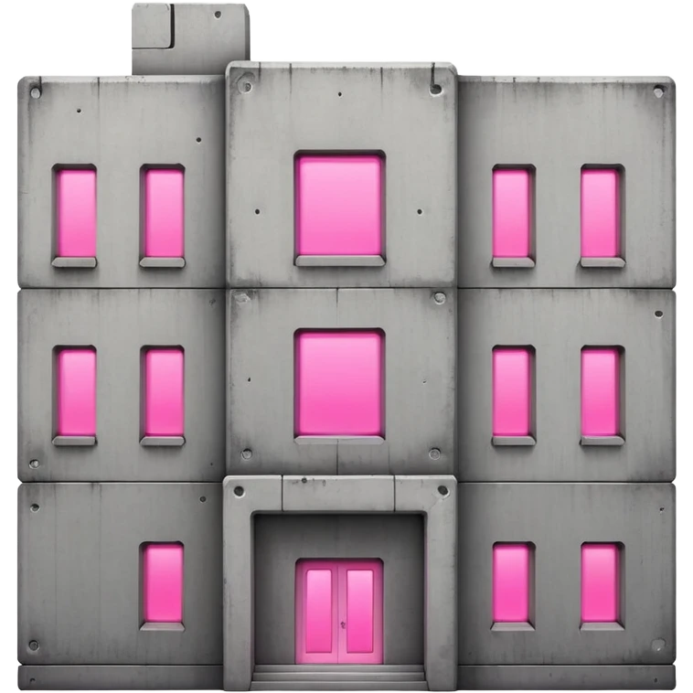 Russian panel building with bare concrete exterior, one pink glowing window, simple block shape with utilitarian design and slight ghetto feel emoji