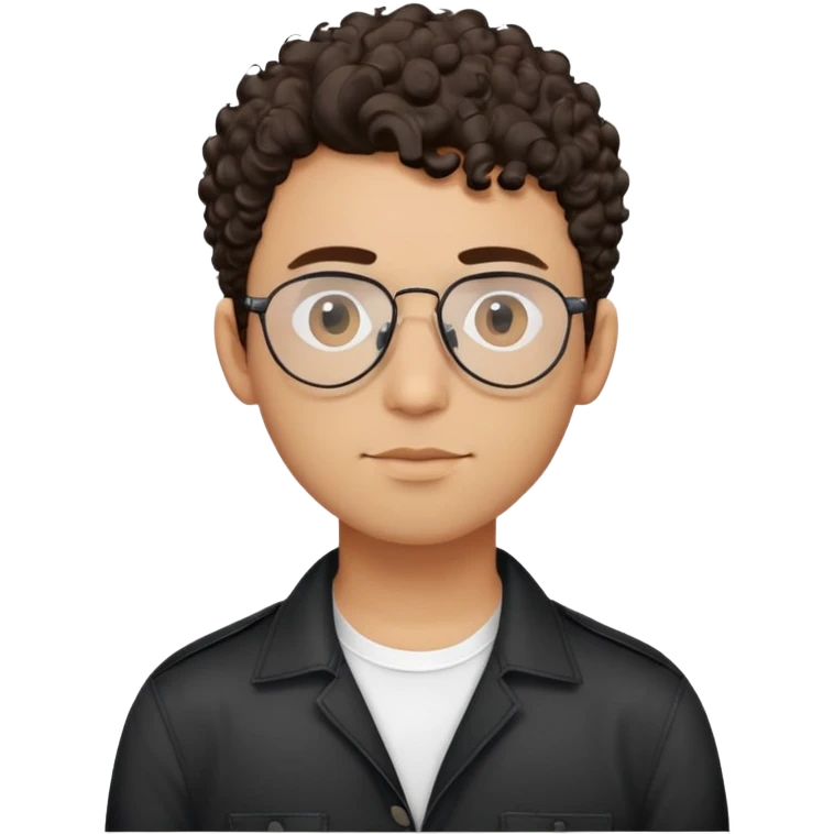 Man with small face and prominent forehead, teardrop-shaped aviator glasses, totally shaved sides with very minimal dark curly hair only on top, light brown complexion, gentle expression, black button-up shirt emoji