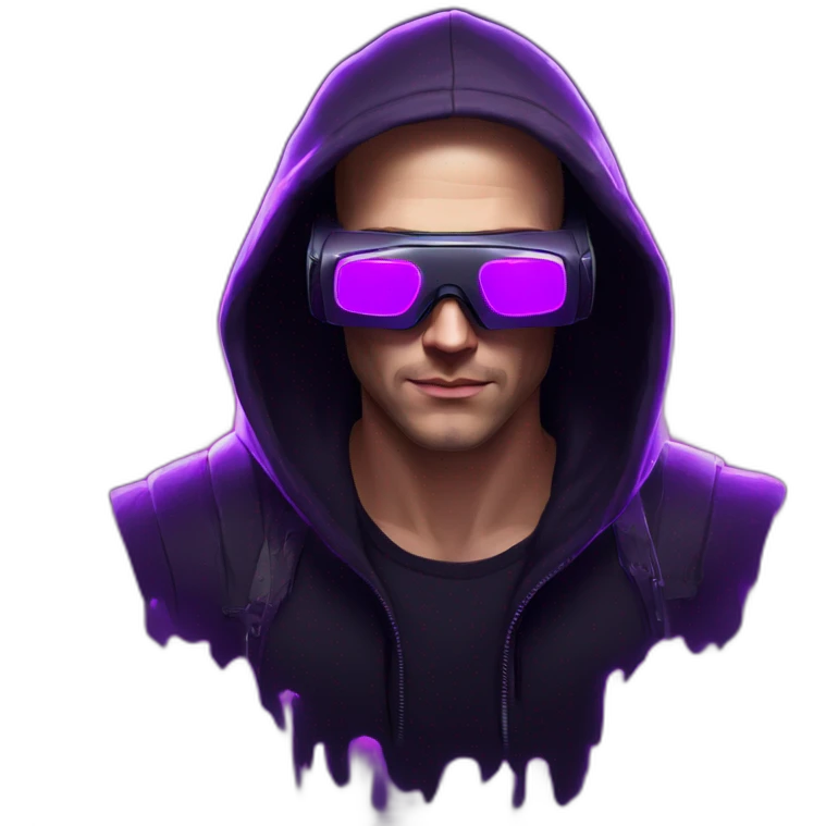 Russian man in the black hoody with violet OMG VR logo on it wearing vr headset. Cyberpunk style. Violet neon. emoji