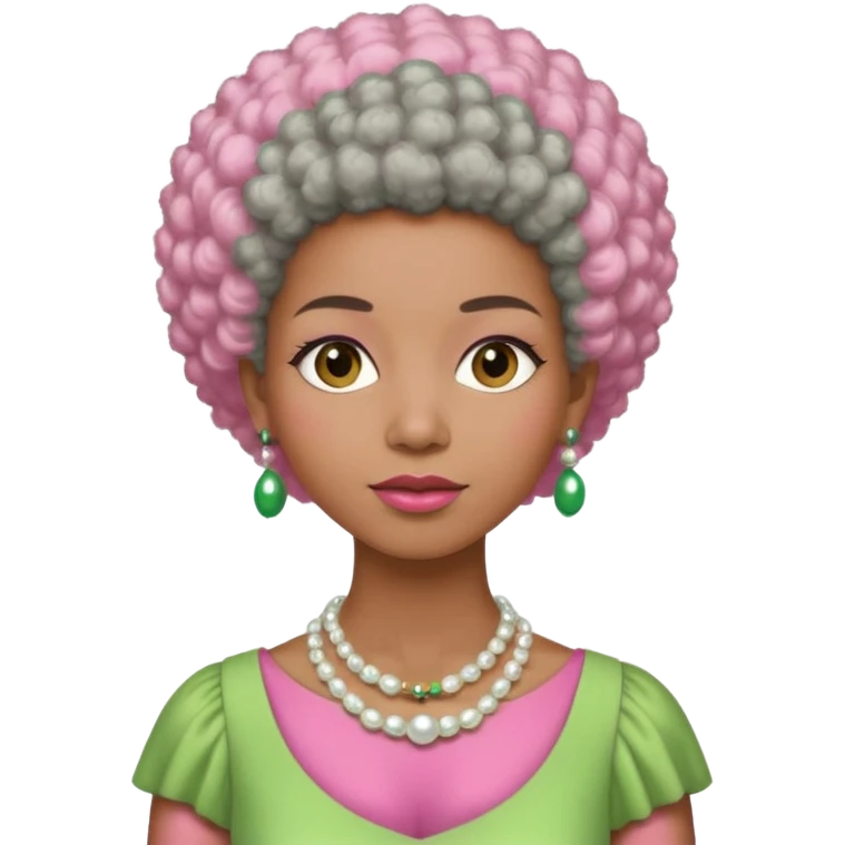 Brown woman with very short stylish gray Afro  wearing pink and green dress  and pearl necklace  emoji
