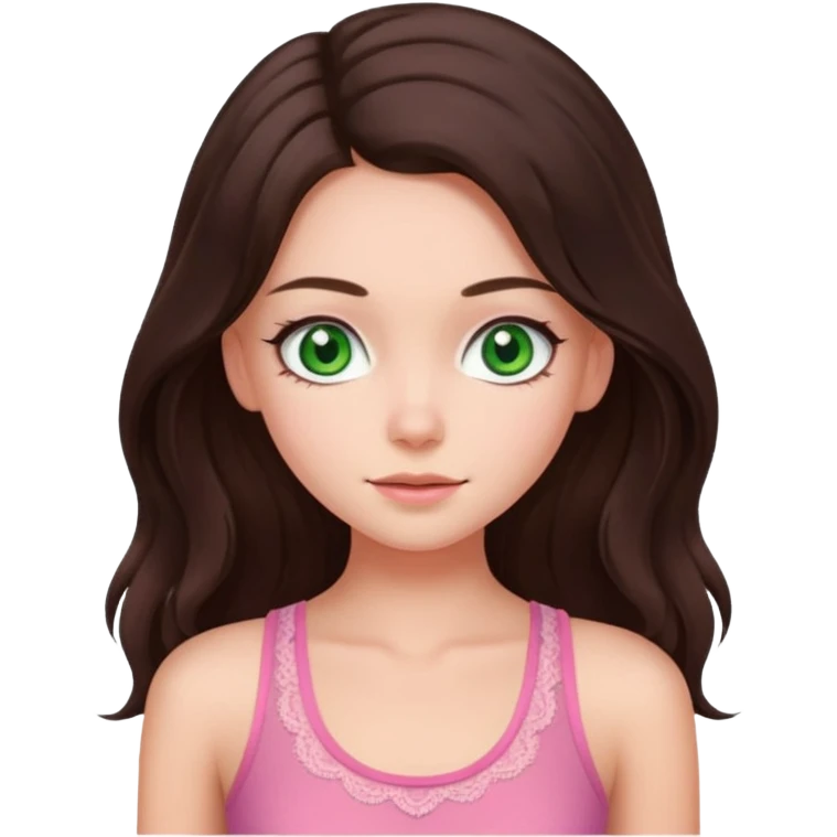 super long haired brunette with middle part cute pink lacy tank white but tan green eyes hairflip emoji