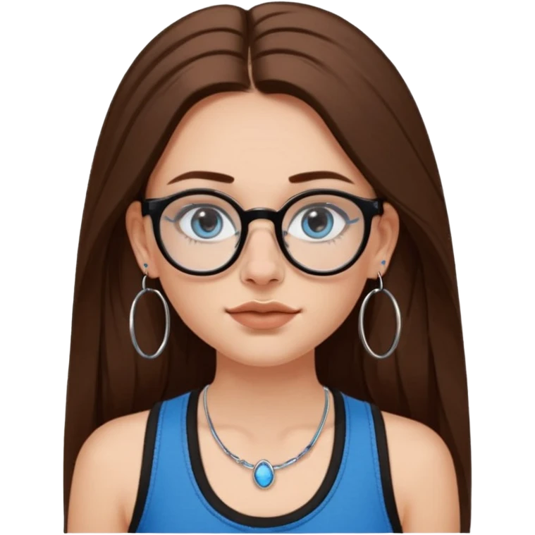 White girl with long brown hair, part going more to the RIGHT side, BLUE eyes, wearing BLACK plastic frame glasses. SEPTUM nose piercing hoop (at bottom of nose) AND stud nose piercing on right side of nose. Wearing BLACK tank top. Wearing big hoop earrings. No necklace! emoji