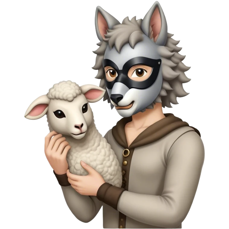 A human pose wolf with a sheep's mask in his hand emoji