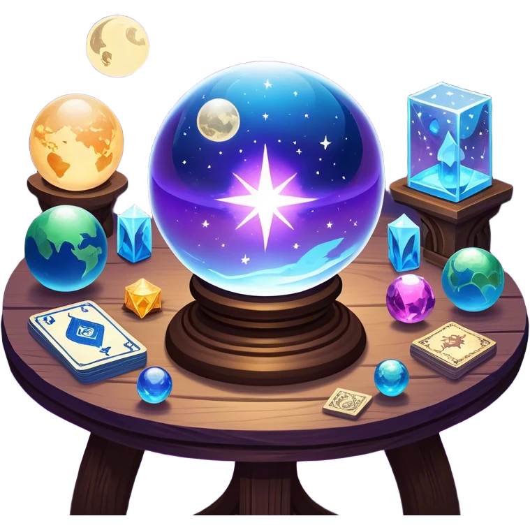 a mystical icon featuring a crystal ball (fortune-telling sphere) on a table with tarot cards scattered around. Surround the scene with planets, stars, and zodiac signs. The design is vibrant, magical, and evoke a sense of mystery and spirituality, with glowing effects and a cosmic atmosphere. emoji