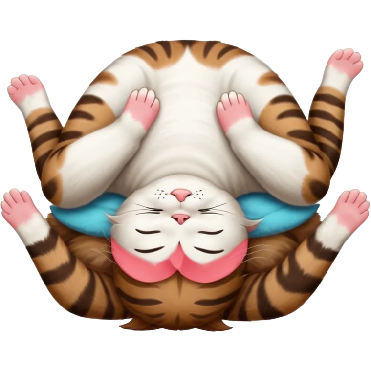 dark brown tabby and white cat in funny positions upside down with eyes closed emoji