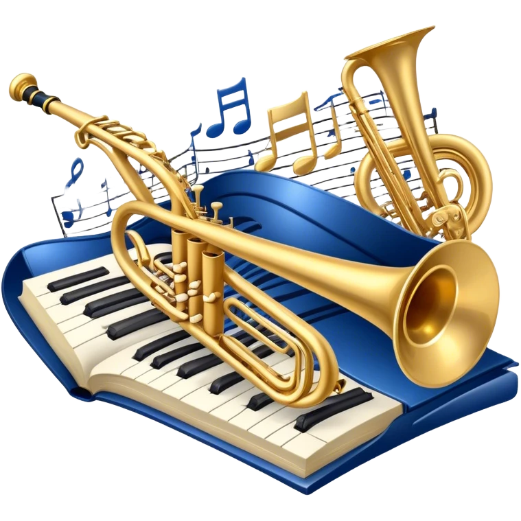 Create an elegant and refined emoji that represents orchestration and arrangement. The design should feature a musical score or sheet music with various orchestral instruments like a violin, a trumpet, and a grand piano subtly integrated into the composition. Add a conductor's baton, symbolizing the guiding hand of orchestration, and flowing musical notes that move between the instruments. Use rich, classic colors like gold, silver, and deep blue to evoke the sophistication of orchestral music. The background should be transparent, with a touch of intricate details to represent the complexity of orchestration. emoji