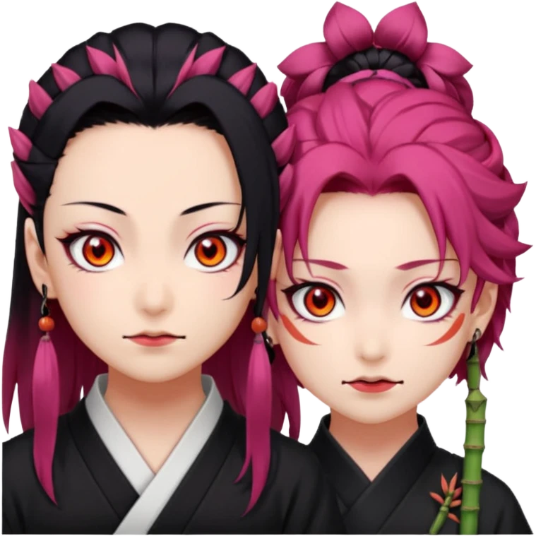 tanjiro: Kind red eyes, black hair with burgundy tips, forehead scar, tanned skin, Hanafuda earrings.                             nezuko:   Pink eyes, black-orange hair, fangs, bamboo muzzle. emoji
