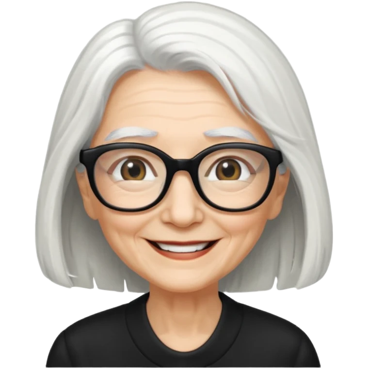 femme ridée avec de long cheveux blanc et des lunettes rectangles noir sourrir emoji
