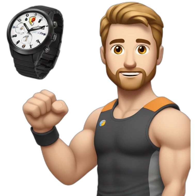 Close up Actively gesturing  with hands Pale skinned Fit Man With the biceps and brown hair in dark gray Sleeveless Mike, black oversize sports shorts, watch and white Sneakers emoji