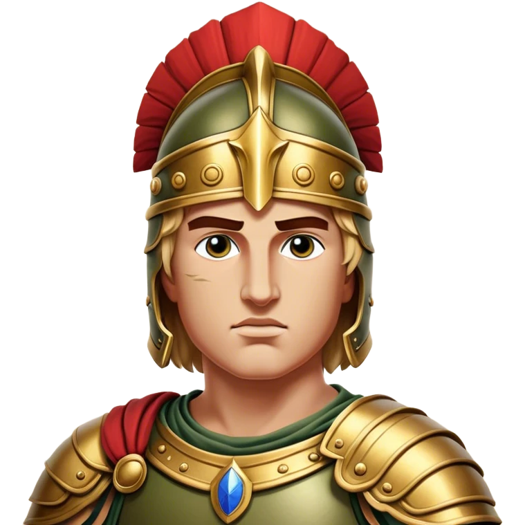 Cinematic Realistic Alexander the Great Portrait Emoji, depicted as a bold, charismatic ancient conqueror in regal armor with a commanding gaze, rendered with lifelike textures and dramatic heroic lighting that captures his legendary ambition. emoji