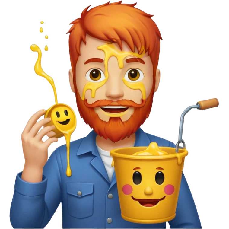 Man with red beard carrying bucket of melting smiley face emoji