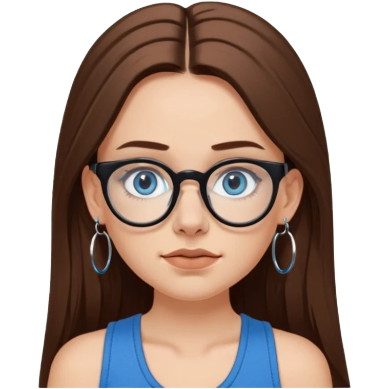 White girl with long brown hair, part going more to the RIGHT side, BLUE eyes, wearing BLACK plastic frame glasses. SEPTUM nose piercing hoop (at bottom of nose) AND stud nose piercing on right side of nose. Wearing BLACK tank top. Wearing big hoop earrings. NOOO necklace! emoji