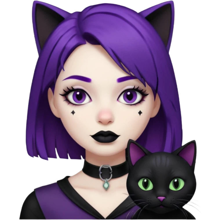 Goth purple woman with black cat. Animated emoji