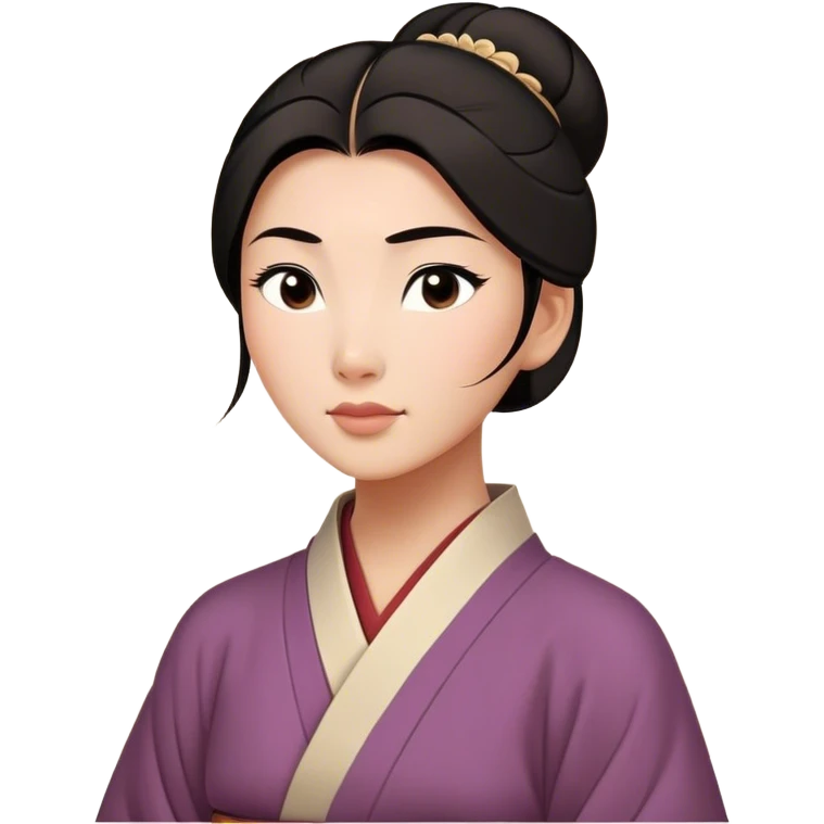 Cinematic Serene Mulan Portrait Emoji, rendered in a simplified vector style. Depict a gentle Mulan (chest and above) with warm, radiant skin, sleek dark hair pulled back in a neat bun, and a calm, thoughtful expression, wearing a simple traditional robe in muted hues. The design glows softly with an elegant, inviting light. emoji