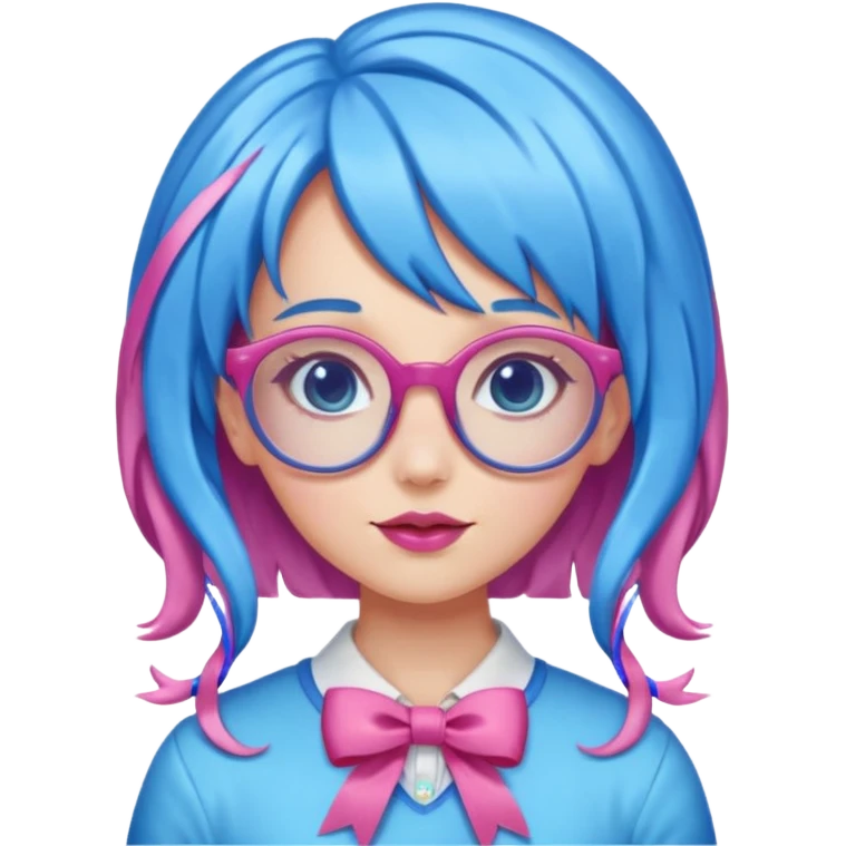 candy girl with very long blue-pink mixed candy hair with ribbon and no tattooes, with glassess emoji
