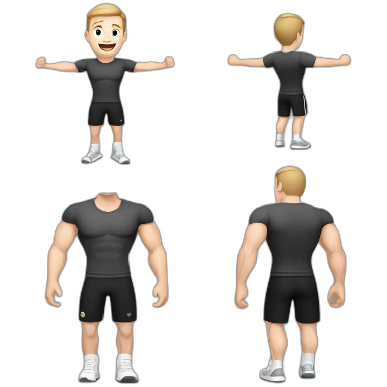 Joyful Celebrating victory Pale skinned Fit Man With the biceps and dark brown hair in black shirt, gray sports shorts and white Sneakers emoji