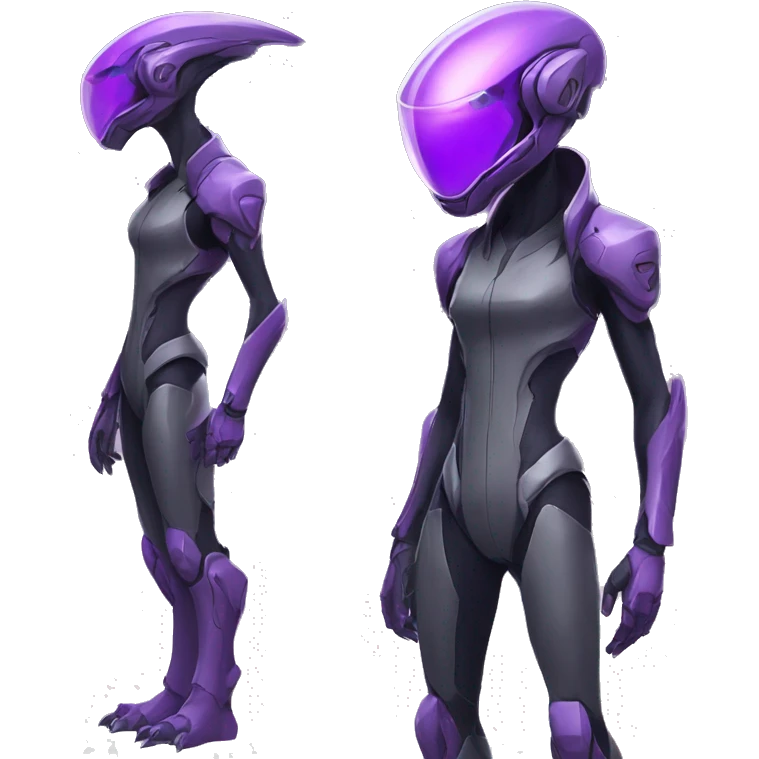 A purple Reptile-Raptor-Alien-Genesect-Mewtwo-Fakémon, with a futuristic visor-helmet, wearing a techwear-suit, Full Body emoji
